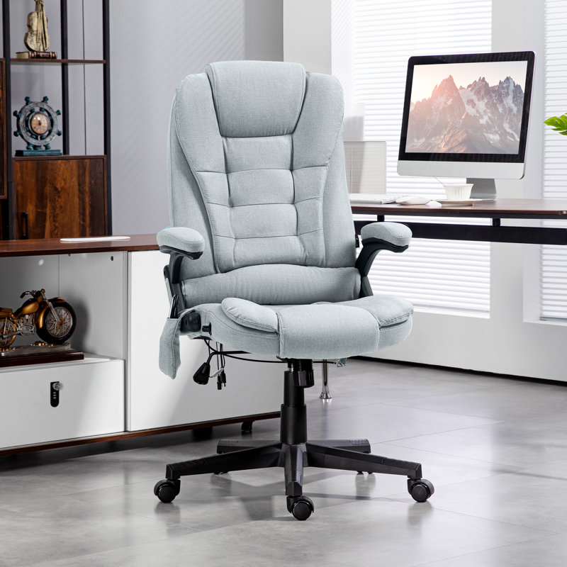 HOMCOM 6 Point Vibrating Massage Office Chair With Heat, Linen High Back Executive Office Chair With Reclining Backrest, Padded Armrests And Remote, Light Gray