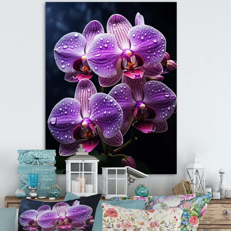Fleurs mauves rayonnantes, orchidées noires - salon d'art mural orchidées, H 40 po x l 30 po x P 1,5 po, Toile tendue