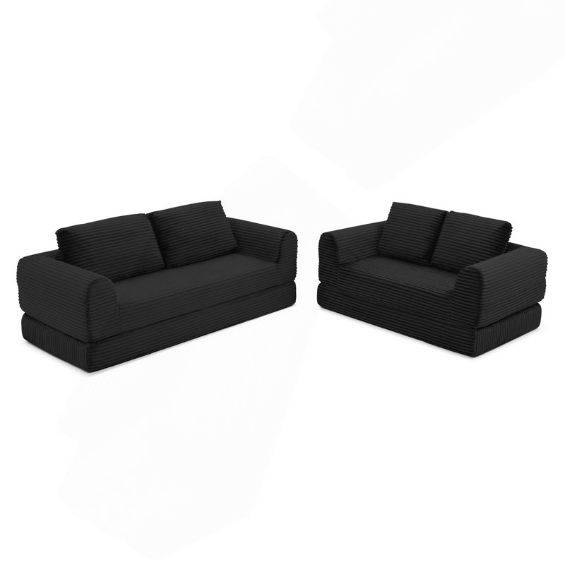 Canapé-lit 2 en 1 pliable convertible en velours côtelé, canapé-lit modulaire futon avec lit escamotable et 2 coussins - noir