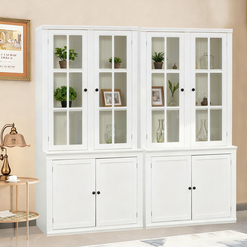 White four doors-storage Cabinet Freestanding Tall Cabinet set of 2 with Glass Door, Adjustable Shelves,  for Kitchen, Dining Room, Living Room