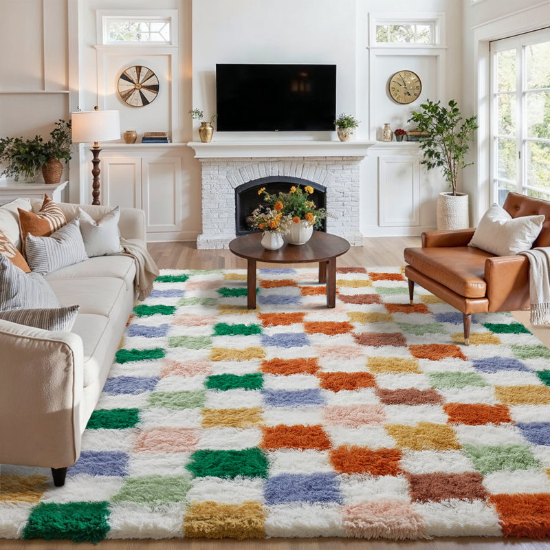 Celi Modern Checkered Shag Area Rug With Non-Slip Backing, Rectangle 8' x 10', Black