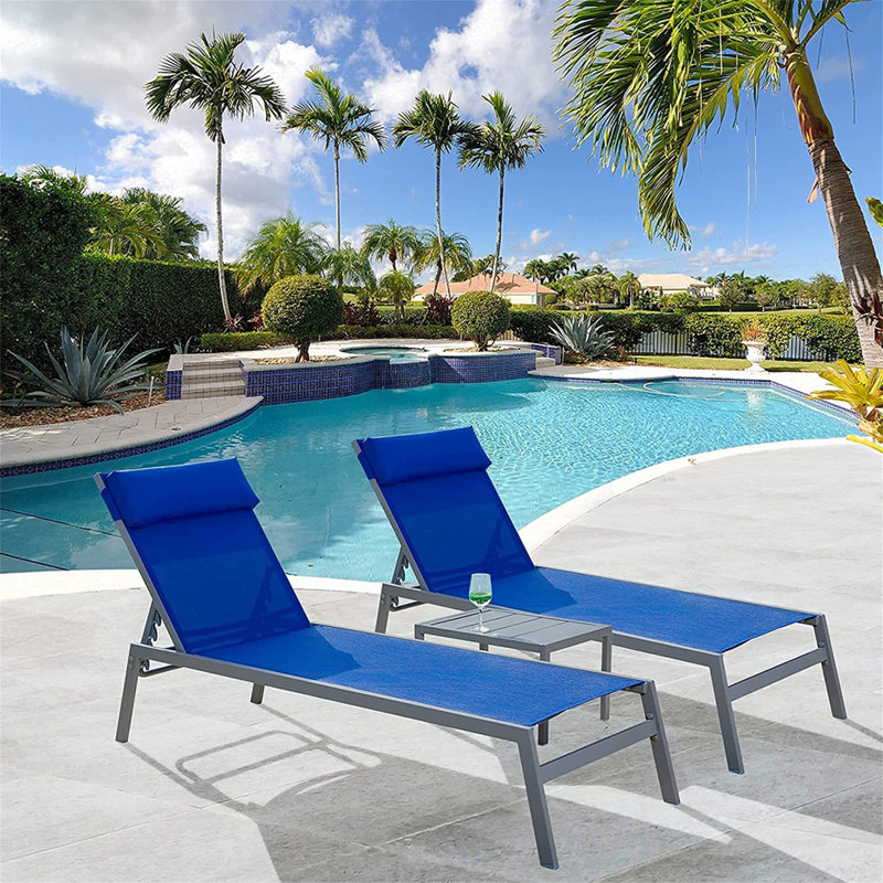 Outdoor Metal Chaise Lounge with Table , Cushion Included, Blue