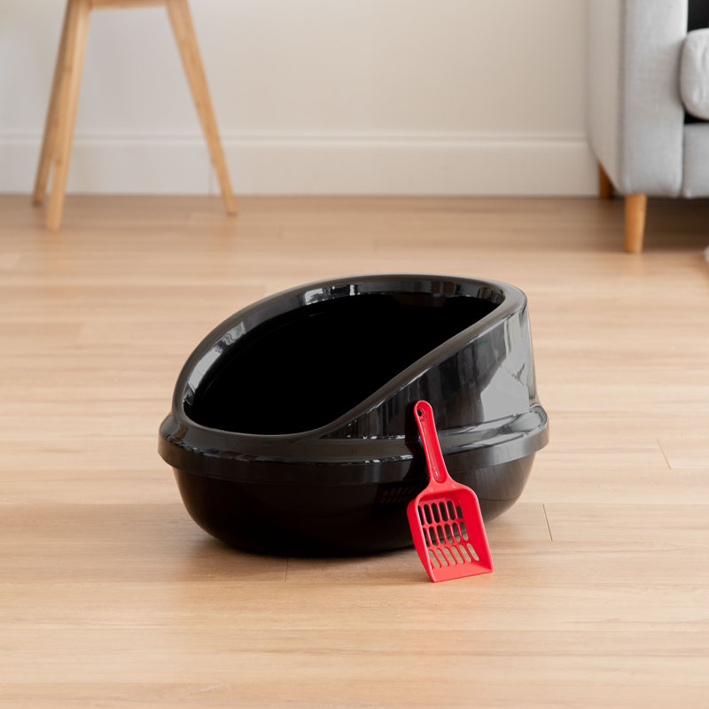 Black Shielded Plastic Cat Litter Pan with Scoop