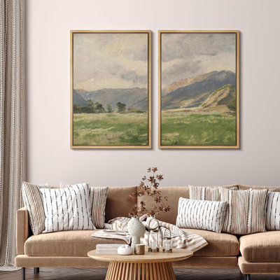 Rustic Countryside "Majestic Mountain Fields Nature Landscape Framed Canvas Print 2 Pieces Wall Art