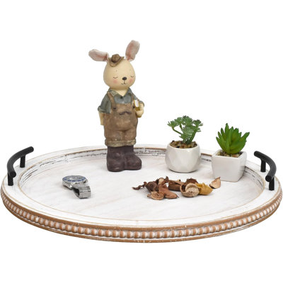 Round Wooden Beaded Decorative Tray with Metal Handles for Shabby Chic Decor