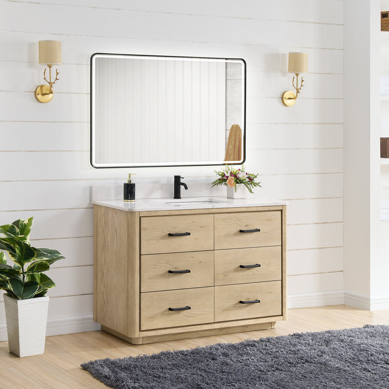 Porto 48'' Free Standing Single Bathroom Vanity with Quartz Top, Natural Oak, Matte Black