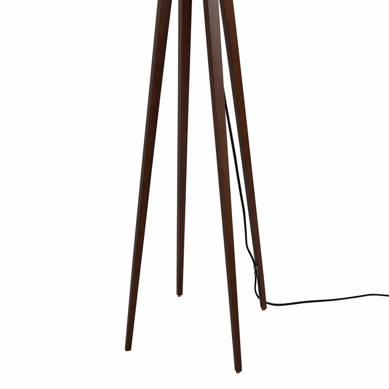 Quattro Mid-Century Modern Floor Lamp with White Linen Shade – Quad-Leg Wood Base, Weathered Brass Accents, Warm Ambient Lighting, Smart-Switch Ready, LED Compatible, Elegant Designer Accent Lamp