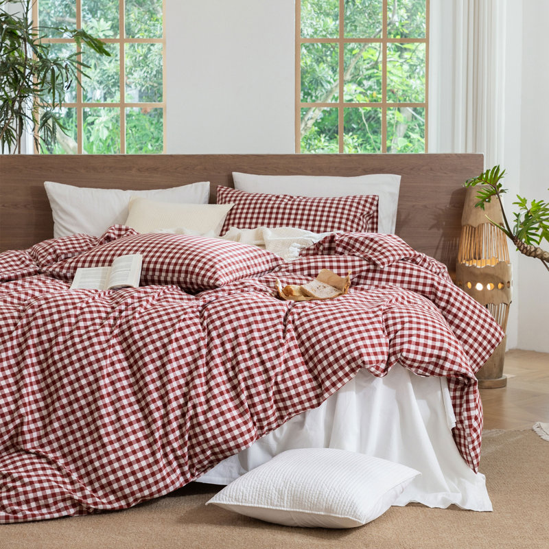 MooMee Gingham Duvet Cover Set 100% Washed Cotton Linen Like Lightweight, Full Duvet Cover + 2 Standard Pillowcases