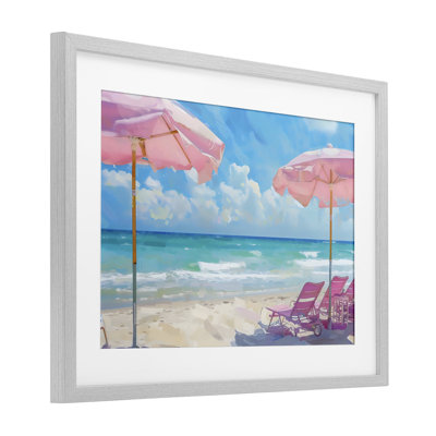 Pink Paradise Beach Umbrellas Framed Print Under Glass, design by LSR Design Studio