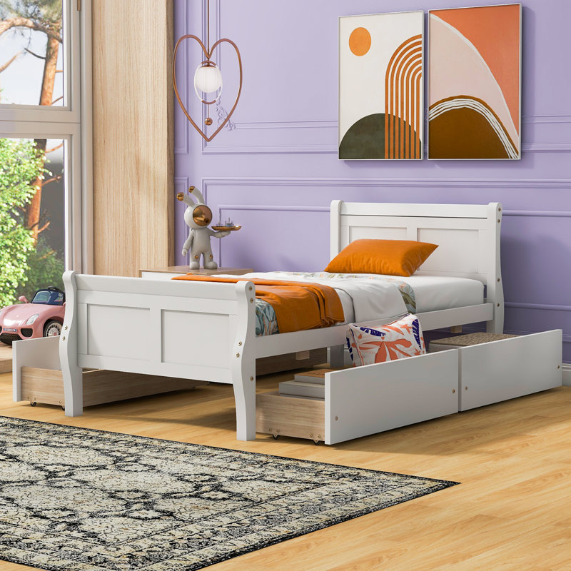 Lit plateforme en bois avec 4 tiroirs et tête et pied de lit profilés, Lit simple, Blanc