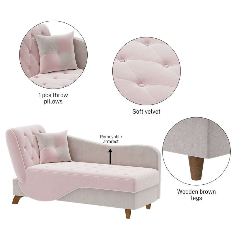 Pink and Gray Velvet Upholstered Chaise Lounge with Storage