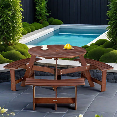 Evislandys Outdoor 6-Person Round Picnic Table with 3 Built-in Benches, Umbrella Hole by Latitude Run