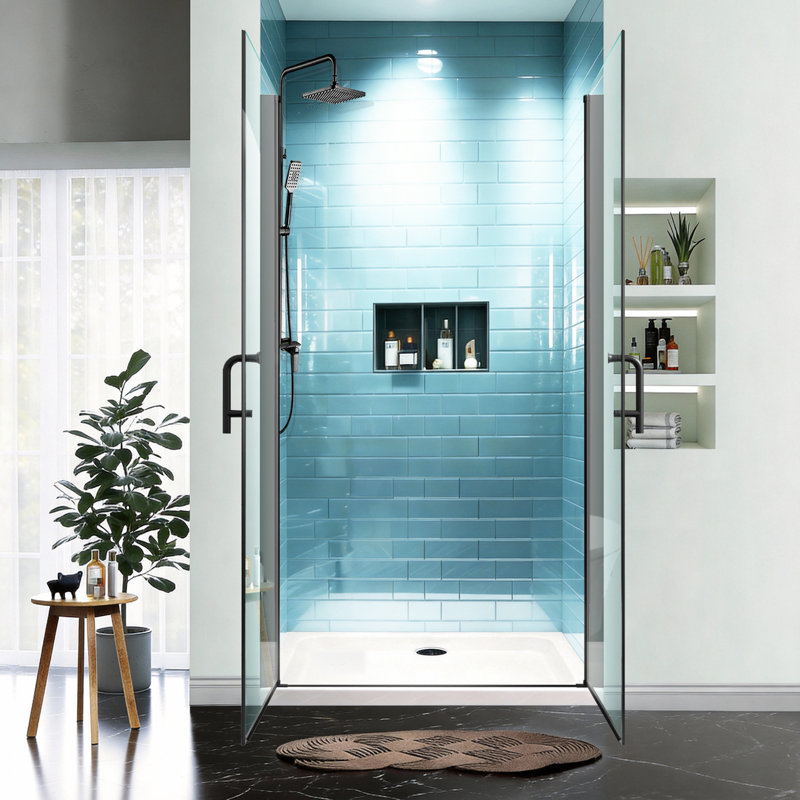 40 -42 in. W x 72 in. H Pivot Swing Semi-Frameless Shower Door in Matte Black with Clear SGCC Tempered Glass