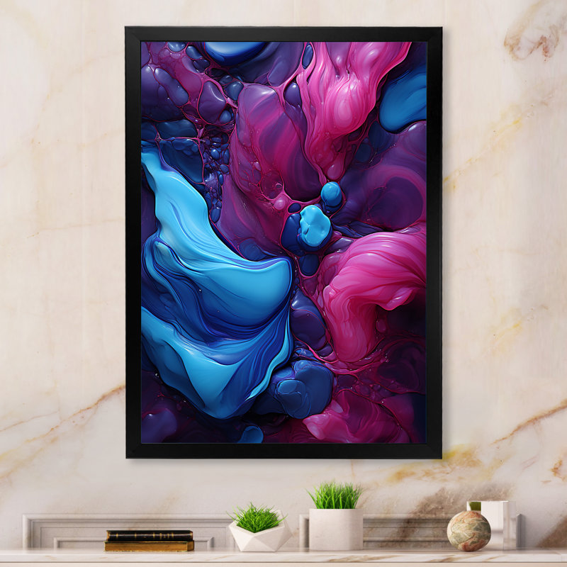Bleu et mauve sans soudure Marble River IV - Art mural abstrait, H 32 po x l 16 po x P 1 po, Cadre simple noir