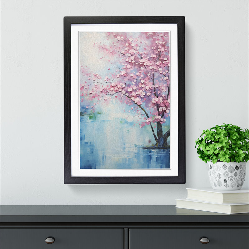 Cherry Blossom Tree Impressionism - Single Picture Frame Print on Wood, 46cm H x 34cm W x 2cm D, Black Framed