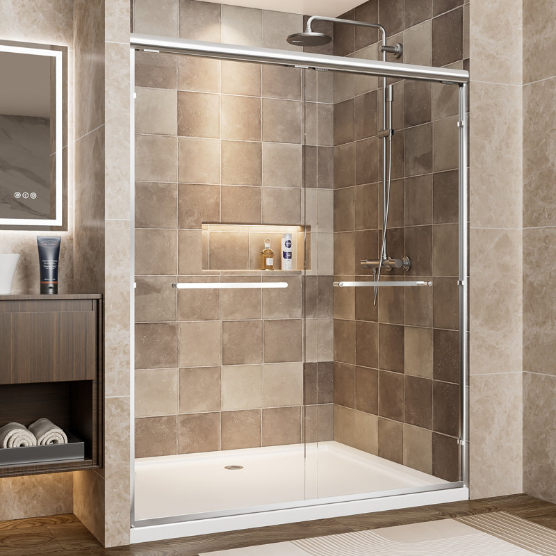 56"-60" W X 72" H Aluminum Frame Double Sliding Shower Door, 1/4" (6Mm) Clear Tempered Glass With Explosion-Proof Film, Dual Stainless Steel Handles