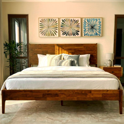 Solid Wood Queen Bed Frame with Headboard, 800lbs Capacity Scandinavian Platform Bed, Walnut Finish, Non-Slip and Noise-Free, No Box Spring Needed
