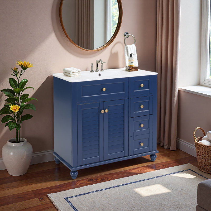 Meuble-lavabo 36 po avec lavabo en céramique - Tiroirs à fermeture en douceur, structure en bois massif, rangement multi-organisateur