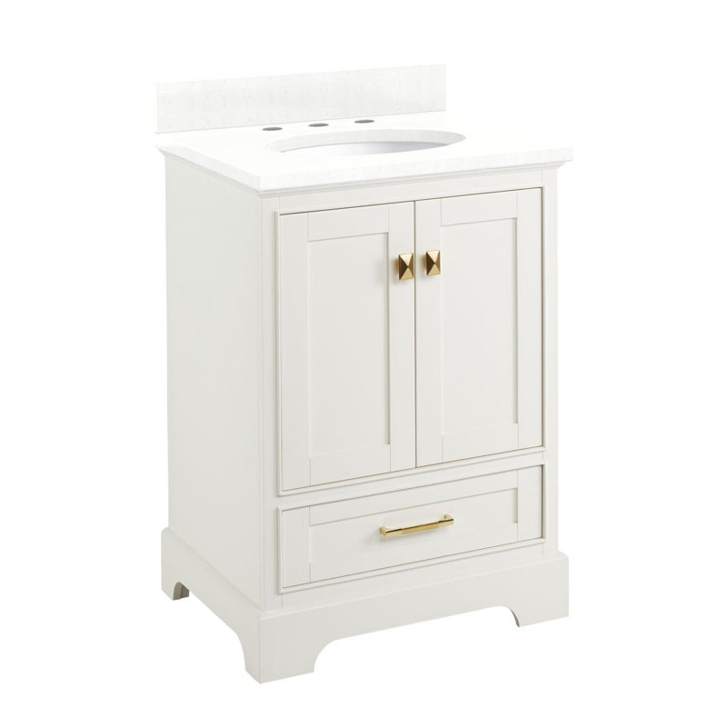 Quen 24" Freestanding Single Basin Vanity Set with Cabinet, Vanity Top, and Oval Undermount Sink, Feathered White Quartz