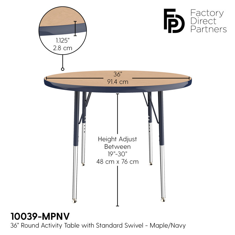 Table ronde à hauteur réglable, 36", Érable / bleu marine, Gris