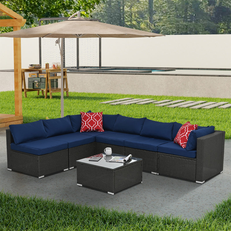 Ensemble modulaire d'extérieur avec coussins de 0 po de largeur Grafing, Bleu / gris