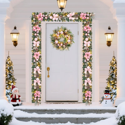 Guirlande de Noël rose 6 pi avec lumières, ornements et poinsettias, décor intérieur / extérieur pour manteau de cheminée, escalier et balustrade