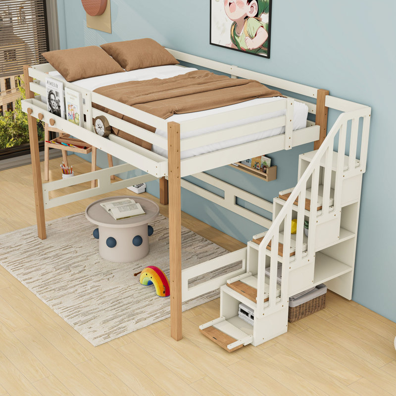 Lit mezzanine surélevé en bois avec crochet pour vêtements et tablettes de rangement, Lit double
