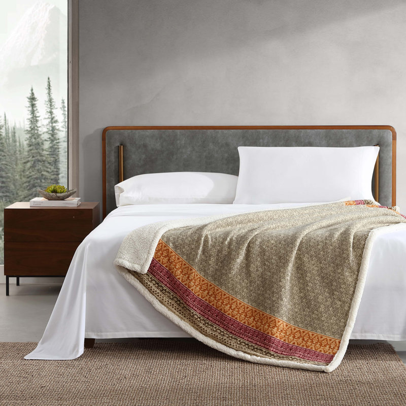 Eddie Bauer Printed Plush Fleece/Sherpa Oversized Throw Blanket, Fair Isle Khaki
