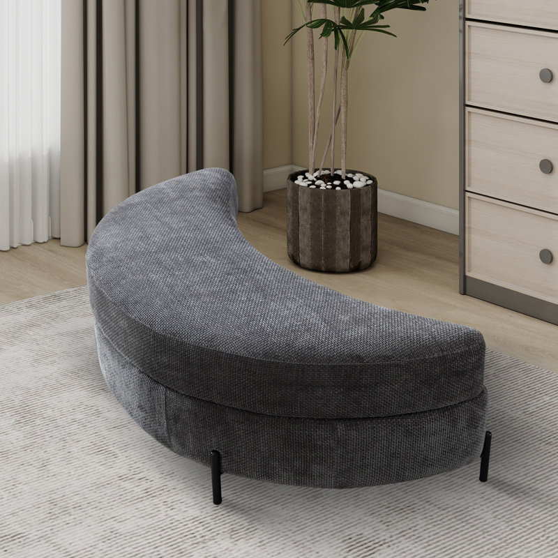 Upholstered Half Crescent Moon Storage Bench Large Ottoman, Charcoal Chenille