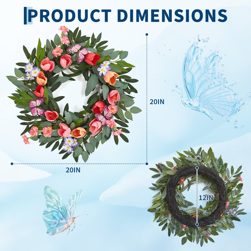 Couronne de printemps pour porte d'entrée, couronne de tulipes de 20 pouces avec fleurs colorées, feuilles d'eucalyptus