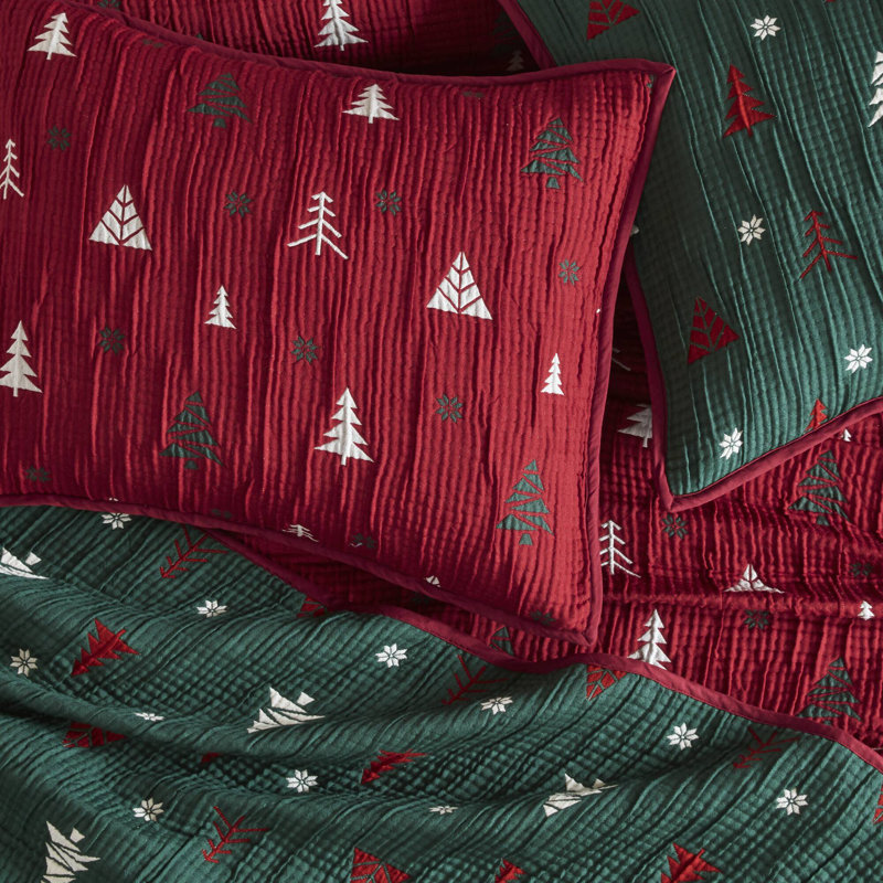 Mini ensemble de couvre-lit réversible 3 pièces en jacquard rouge d'hiver, Couvre-lit très grand + 2 taies décoratives stan