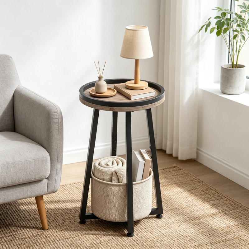 Petite table d'appoint ronde, table de bout à 2 niveaux avec panier de rangement en lin de coton, table de chevet compacte pour le salon, la chambre à coucher, le dortoir et les petits espaces