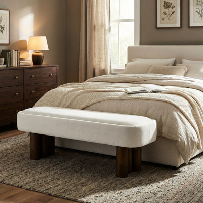 Banc de salle à manger intérieur rembourré en tissu beige avec pieds de couleur noyer, 52,75 pi L pour la cuisine, la pièce et le salon, capacité de 250 lb, banc avec structure, tissu, pieds rembourrés, capacité de 52,75 po
