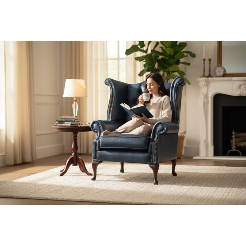 High Back Chesterfield Upholstered Full Grain Leather Wingback Chair, Antique Blue