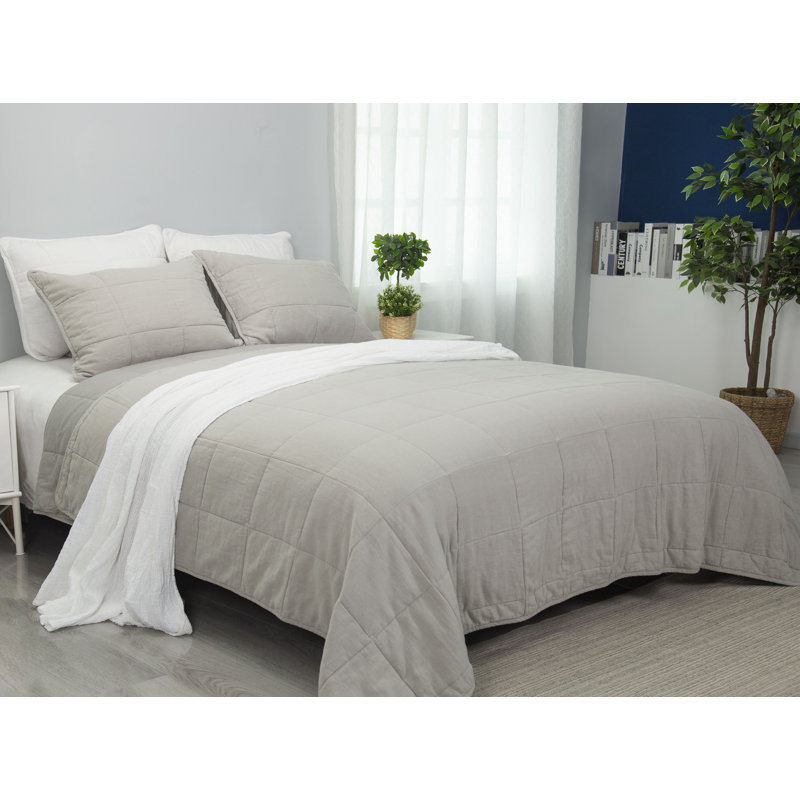 Stone Washed Linen Blend Box Stitch Quilt and Pillow Shams Set, Gray, Queen Quilt + 2 Shams
