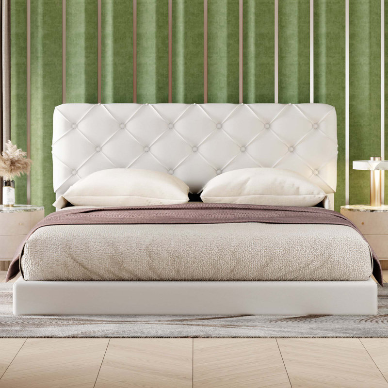Queen Size Tufted Upholstered Platform Bed, White