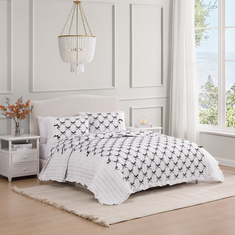 Maisy Bows Mauve White All-Season Embellished Ruffle Reversible Quilt Set, Twin Quilt + 1 Sham, Black;Ivory
