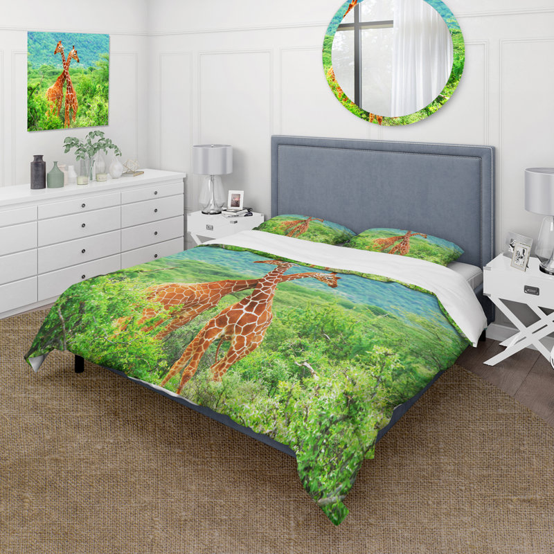 Fight Of Two Giraffes On Green - Ensemble de housse de couette style campagnard - Microfibre de polyester