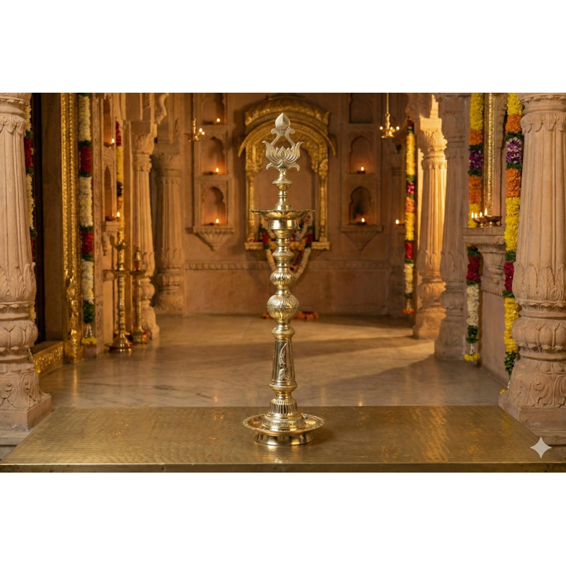 Handmade 46-Inch Brass Lotus Lamp – Large Auspicious Oil Diya for Home, Temple, or Ritual Décor