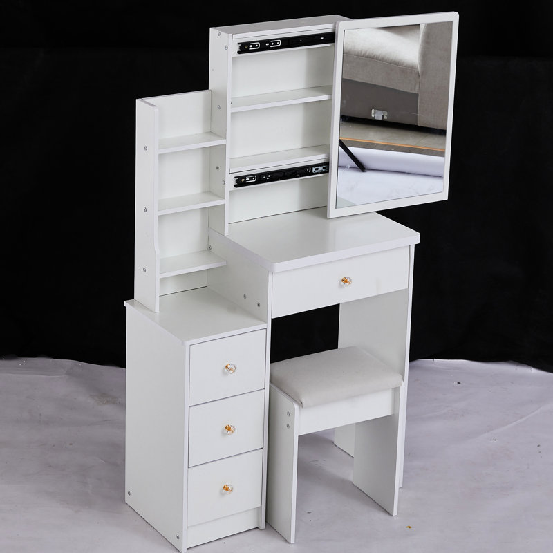 Compact Left Bedside Dresser Vanity, Includes Cushioned Chair & Extra Large Sliding Mirror, Multi-Layer Storage, Elegant White For Tiny Spaces Small Space- Cabinet Vanity Table, With Padded Stool Big