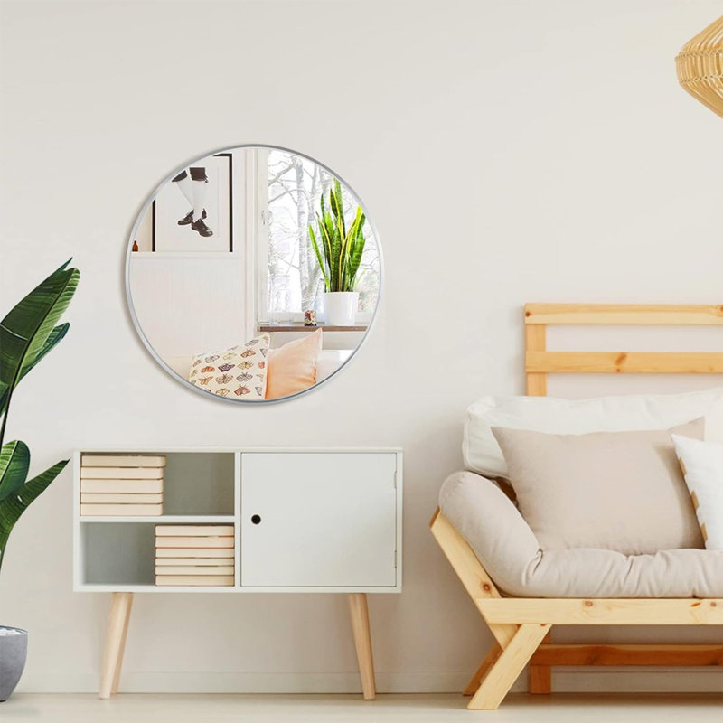 Miroir mural rond avec cadre en métal, 32 po x 32 po, Argent