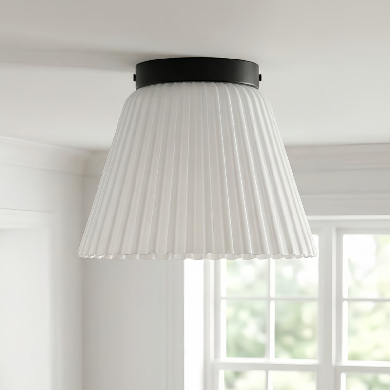 10" 1-Light Modern Matte Black Flush Mount With White Ribbed Glass Drum Shade For Hallways/ Stairwells /Dining Rooms