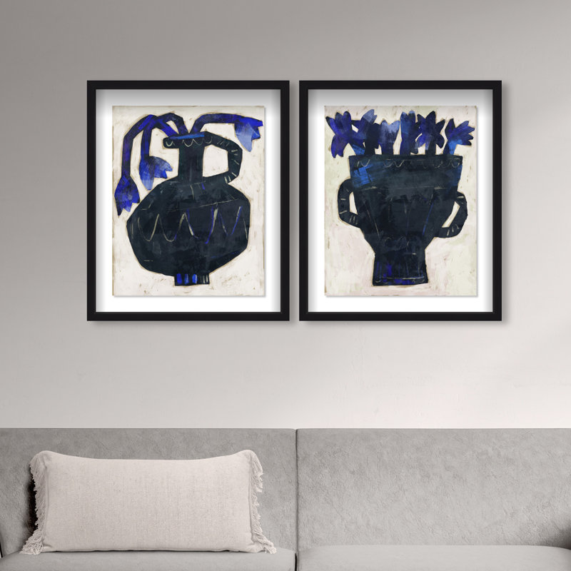 Indigo Vases Set Shadowbox Floral & Botanical Print by Oliver Gal, Black Frame, 16 x 20, 75"H x 63"W, Black Shadowbox