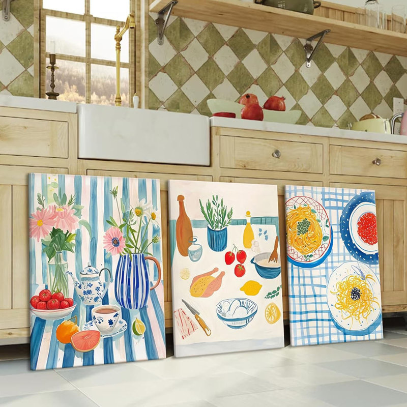 3Pcs Blue Striped Dining Room Food Wall Art Funky Kitchen Wall Decor Pictures Vintage Kitchen Plant Posters Prints Pasta Night Painting For Dining Room Kitchen Home Decoration 12X16in Framed