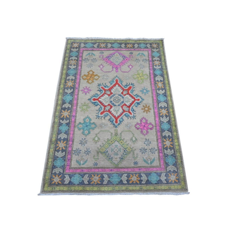 Tapis oriental fusion Kazak en soie noué à la main 3 pi 2 po x 4 pi 8 po gris GE8C8B0280AB41D496AEE8D128D9F33C