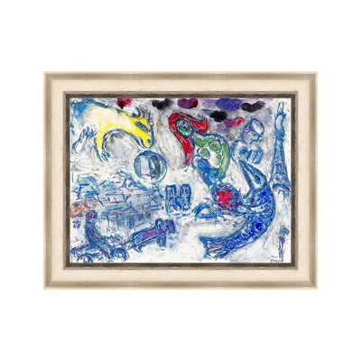 Framed Canvas Wall Art Paris avec le Poisson Bleu(Paris with the Blue Fish) by Marc Chagall Giclee Print Dreamlike Romantic Painting Modern Home Decor(White Oak & Mineral Grey,16"x20")