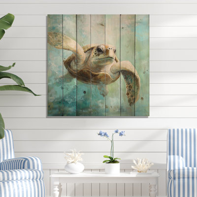 Aquarelle de tortue à la paix - Décoration murale moderne en bois sur bois de pin naturel