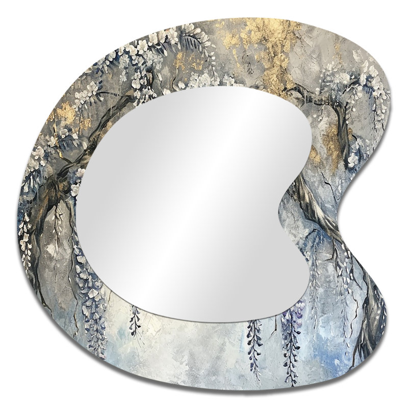 Evisa Silver Wisteria Tree SIlver Vintage - Floral Tree Asymmetrical Mirror, Grey Unique Shape Decorative Wall Mirror, Printed Metal Art