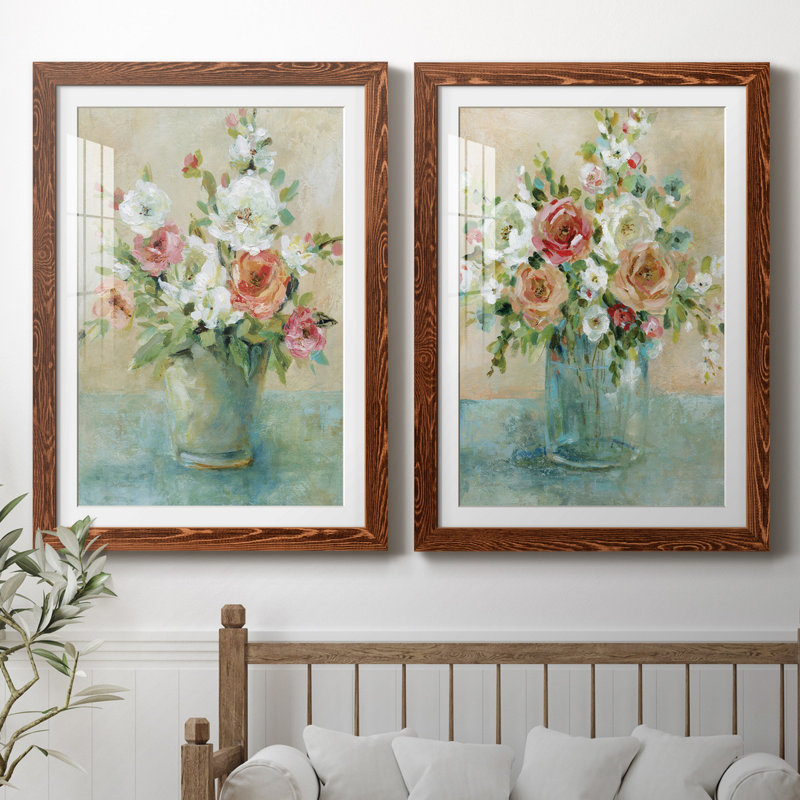 Sun Drenched Bouquet - Ensemble de 2 reproductions d'art, H 37,5 po x l 55 po x P 1,5 po, Papier avec cadre érable, Blanc