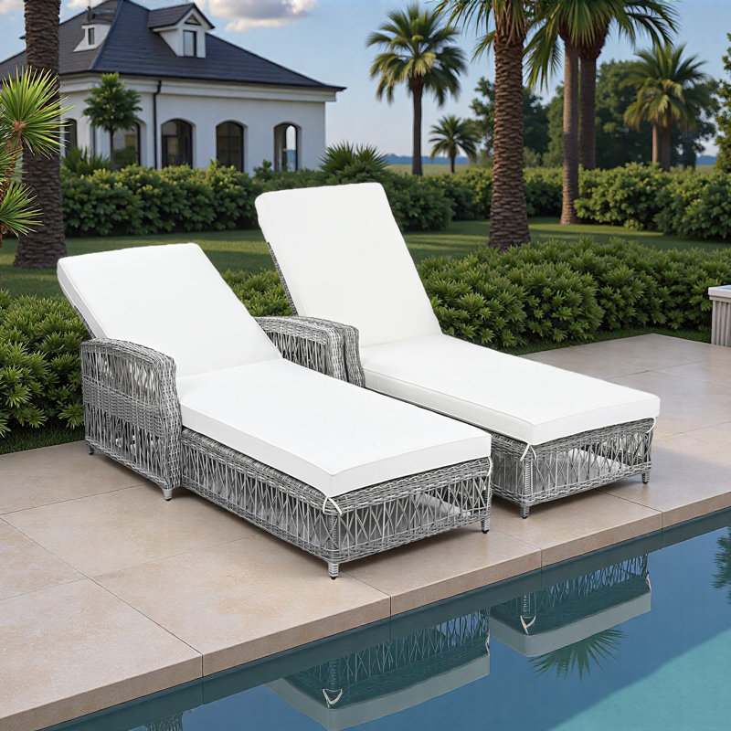 Adjustable Outdoor Chaise Lounge Set – All-Weather Rattan Pool Loungers With Removable Cushions(Set Of 2), Beige